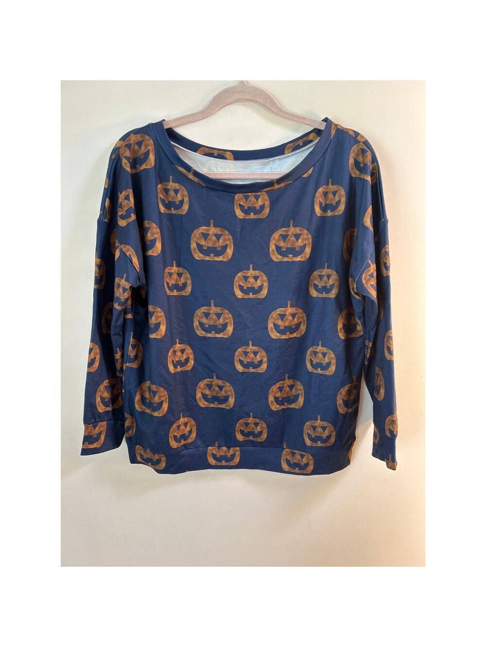Women's Small Halloween Jack O Lantern Pumpkin Long Sleeve Top Blue Orange